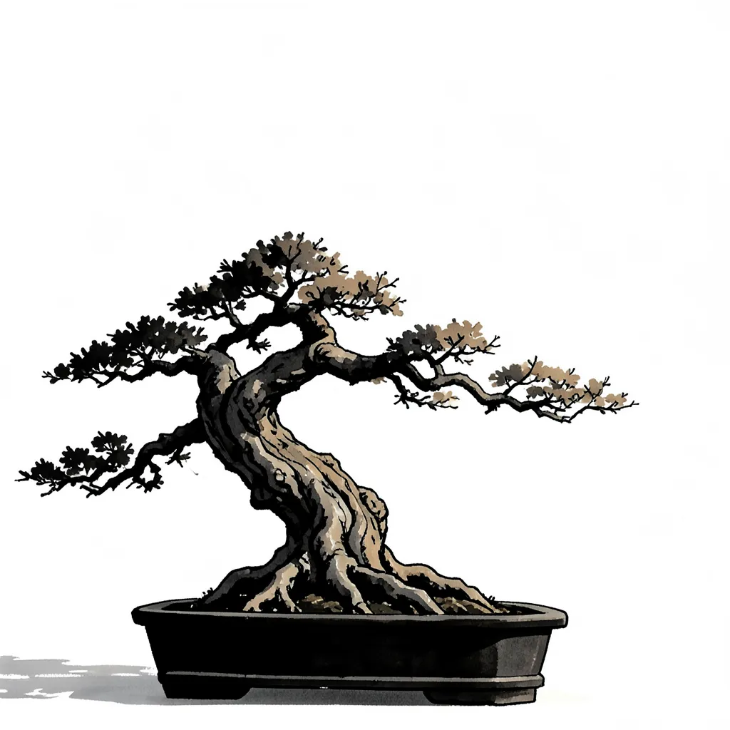 Digital bonsai tree wall art featuring a detailed bonsai tree in a black pot.